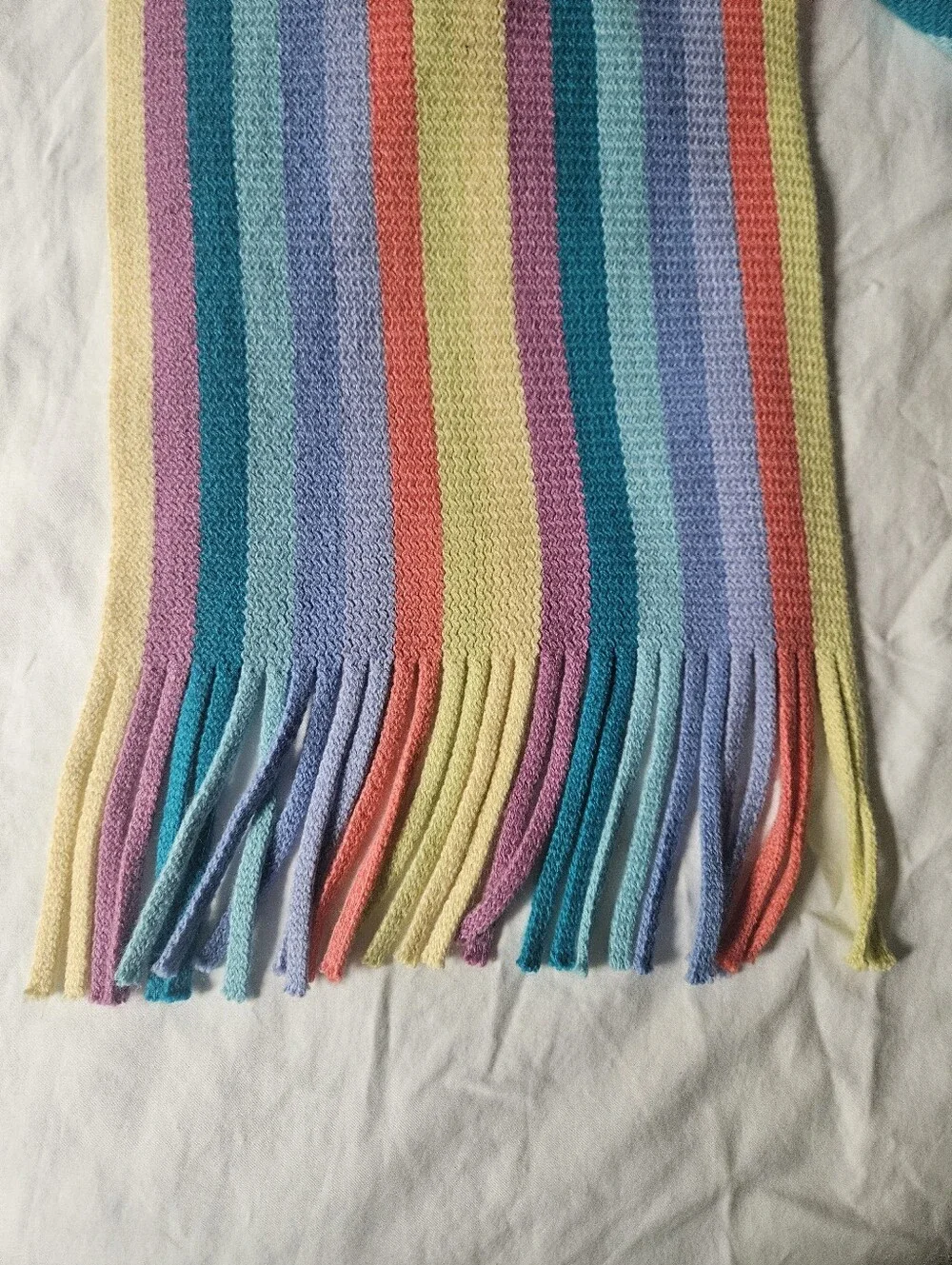 Y2K Pastel Rainbow Stripe Knit Scarf with Fringe Detail | SZ 52